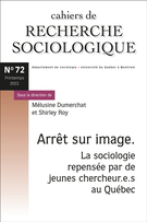 Couverture du numéro 'Arrêt sur image. La sociologie repensée par de jeunes chercheur.e.s au Québec' de la revue 'Cahiers de recherche sociologique'