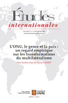 Couverture du numéro 'L’ONU, le genre et la paix : un regard empirique sur les transformations du multilatéralisme' de la revue 'Études internationales'